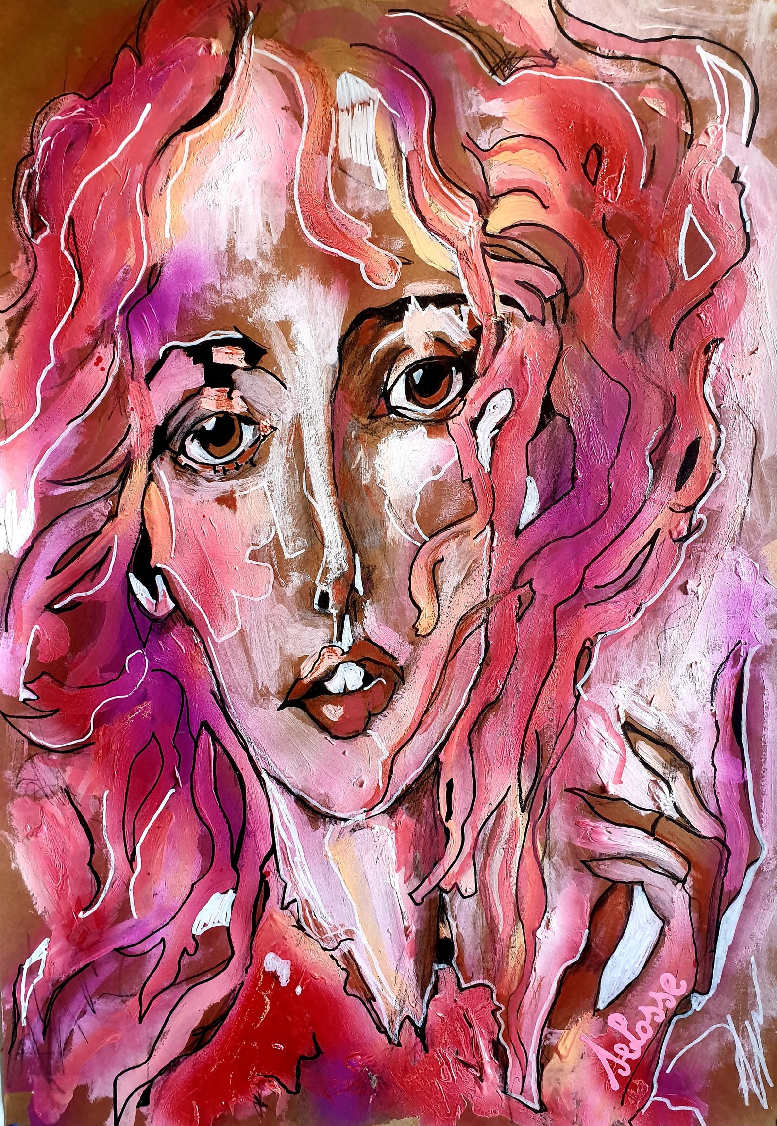 Portrait Janis Joplin Expression Cheveux Roses Selosse Art Bruxelles par Jérôme Selosse