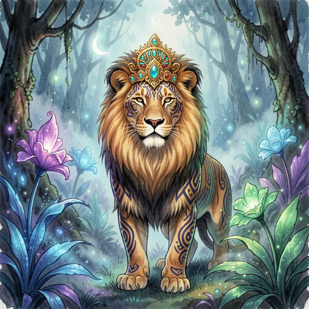 A Majestic Lion With An Ancient Wise Expression Its Fur Adorned With Intricate Tribal Markings In Go par +.Hannache Khebbab