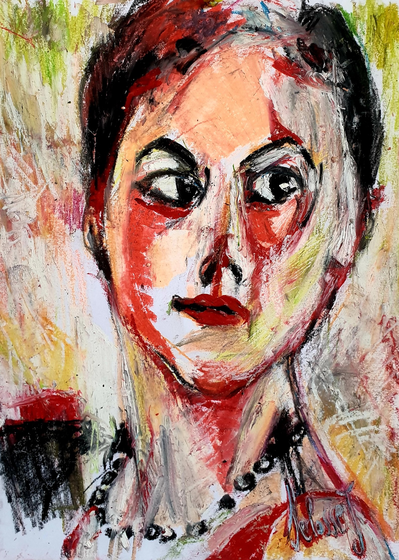 Portrait Coco Chanel Collier Perles Expressionniste Selosse Art Bruxelles par Jérôme Selosse